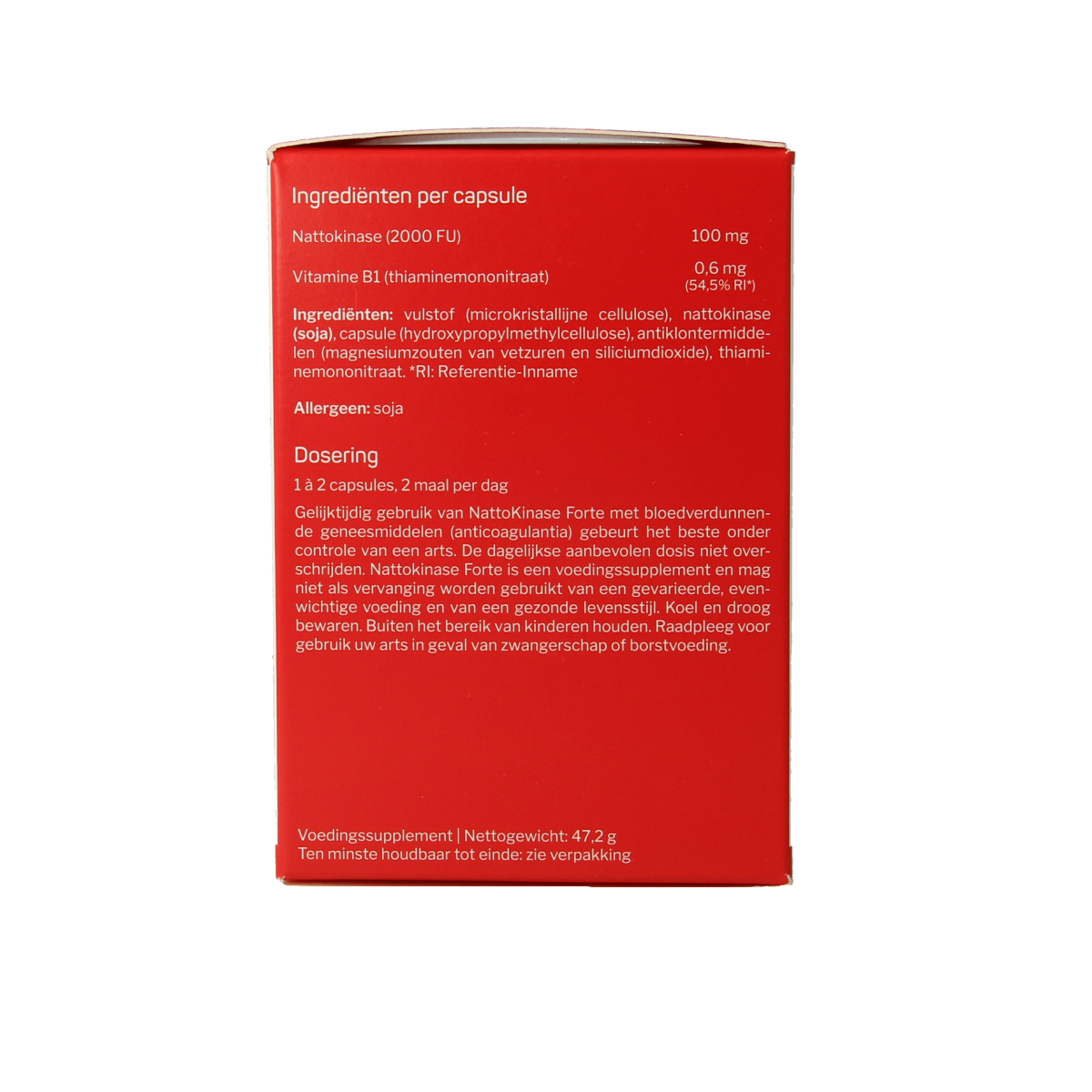Nutrisan Nattokinase Forte 100mg capsules, dietary fiber and enzyme supplement, close-up of the product bottle and capsules.
