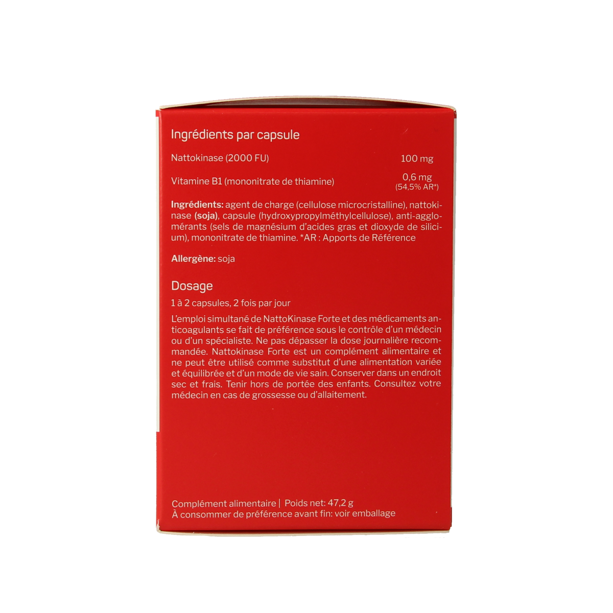 Nutrisan Nattokinase Forte 100mg capsules, dietary enzyme supplement, shown in a bottle with capsules inside.
