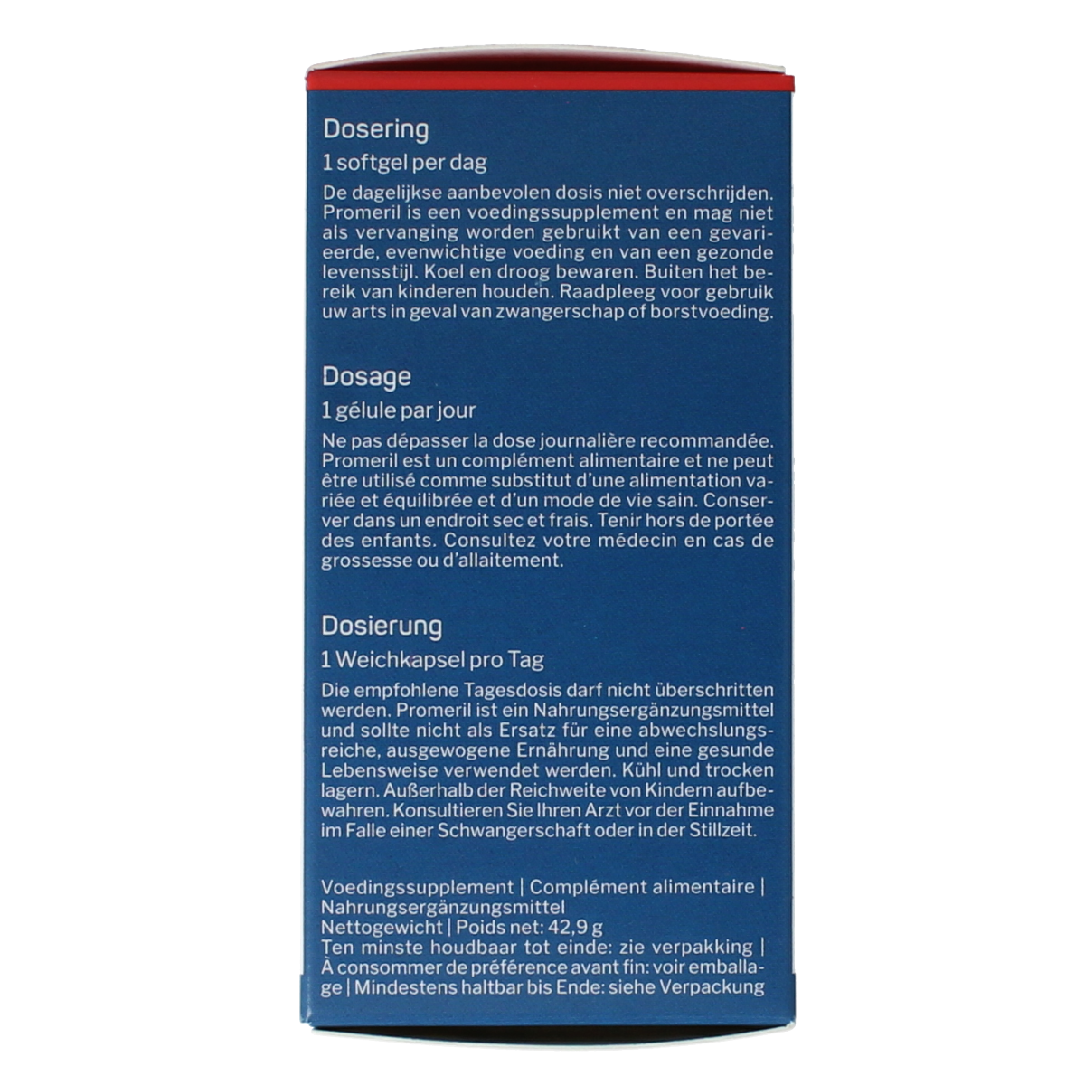 Nutrisan Promeril 45+15 gratis Vetzuren softgel capsules, dietary supplement for health support, shown in close-up.