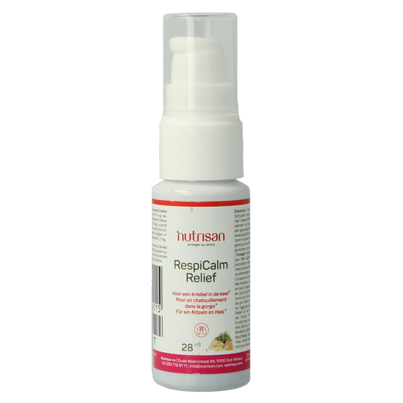 Nutrisan Respicalm herbal remedy bottle, 28ml, featuring natural ingredients for respiratory relief in a clear container.