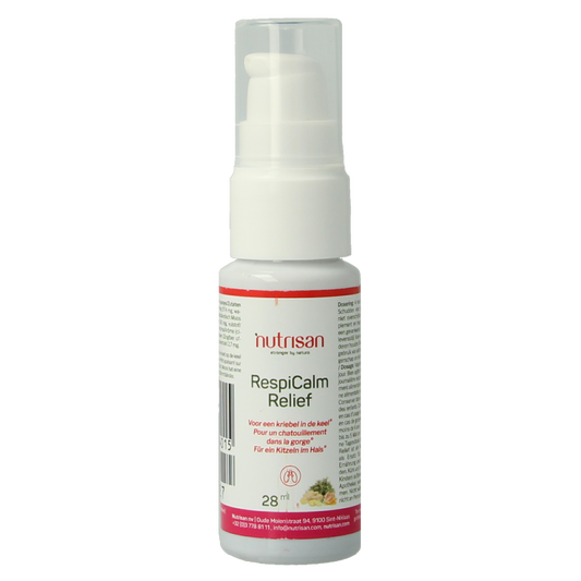 Nutrisan Respicalm herbal remedy bottle, 28ml, featuring natural ingredients for respiratory relief in a clear container.