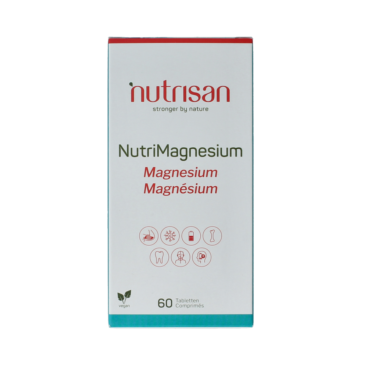 Nutrisan Nutrimagnesium mineral tablets, 60 count, showing the supplement packaging and tablets in a blister pack.