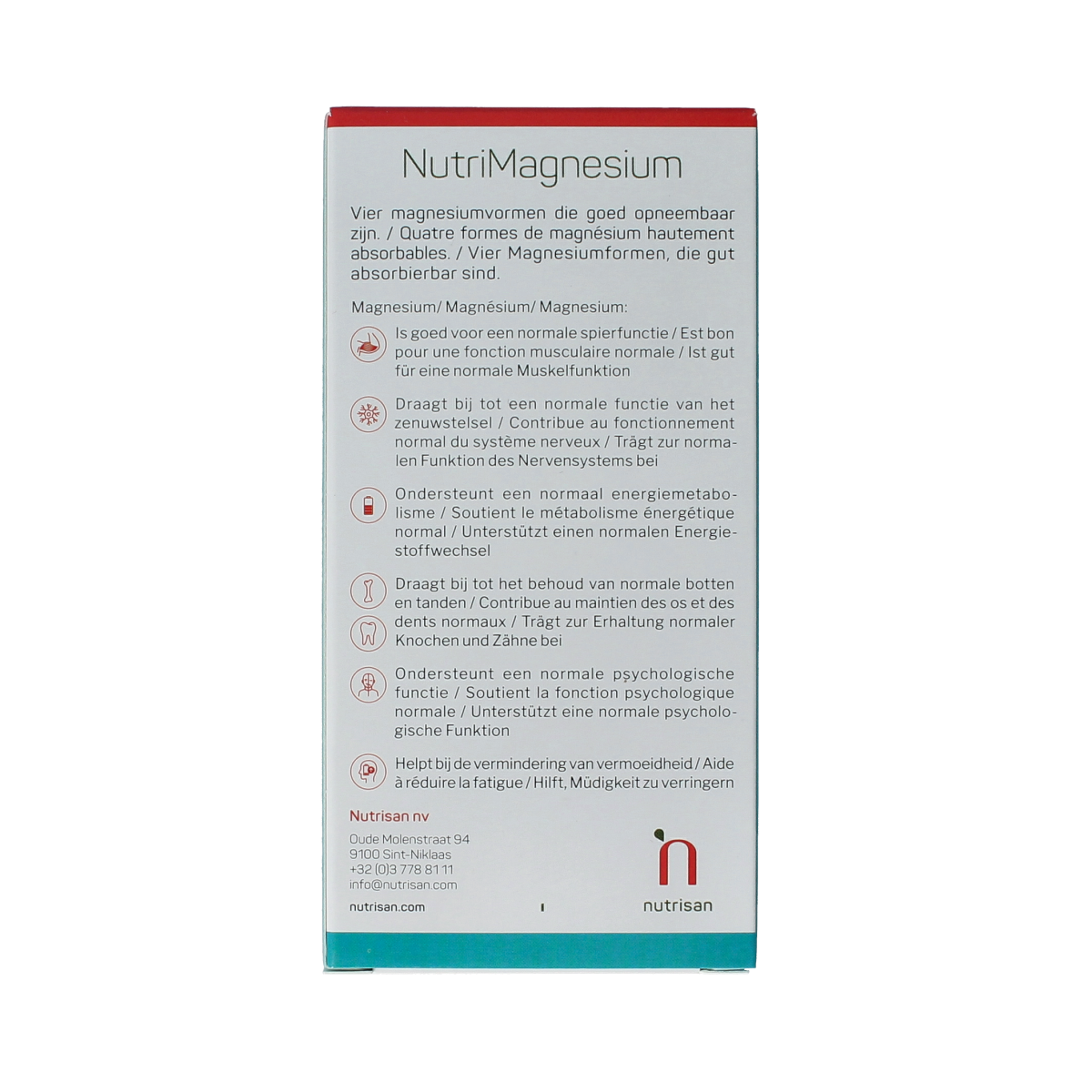 Nutrisan Nutrimagnesium mineral tablets bottle with 60 tablets, showing the label and packaging.