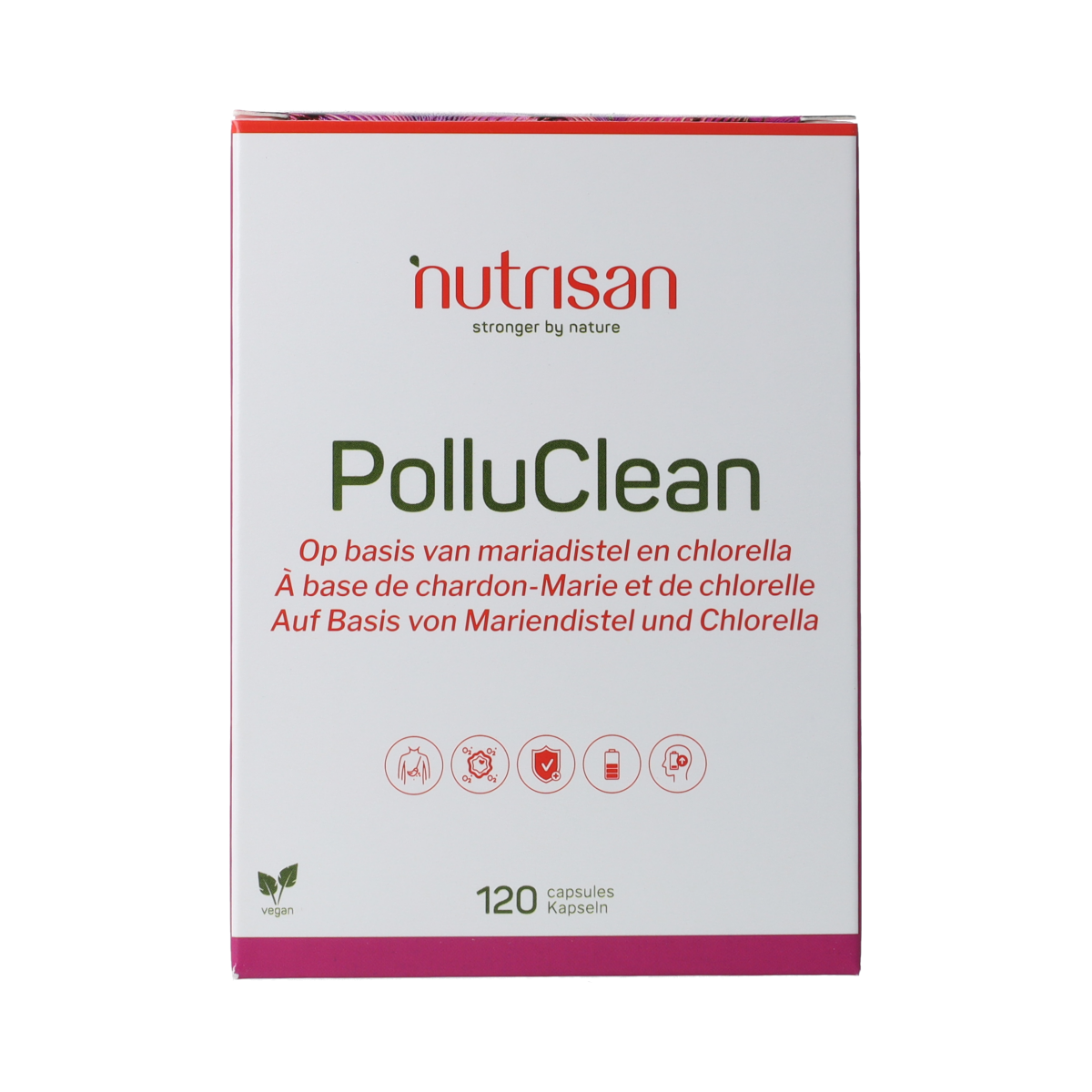 Nutrisan PolluClean herbal supplement capsules, 120 count, natural herbal remedy for detox and cleansing.