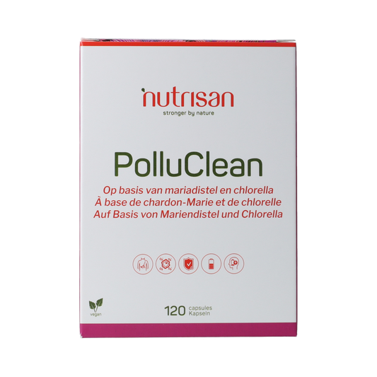 Nutrisan PolluClean herbal supplement capsules, 120 count, natural herbal remedy for detox and cleansing.