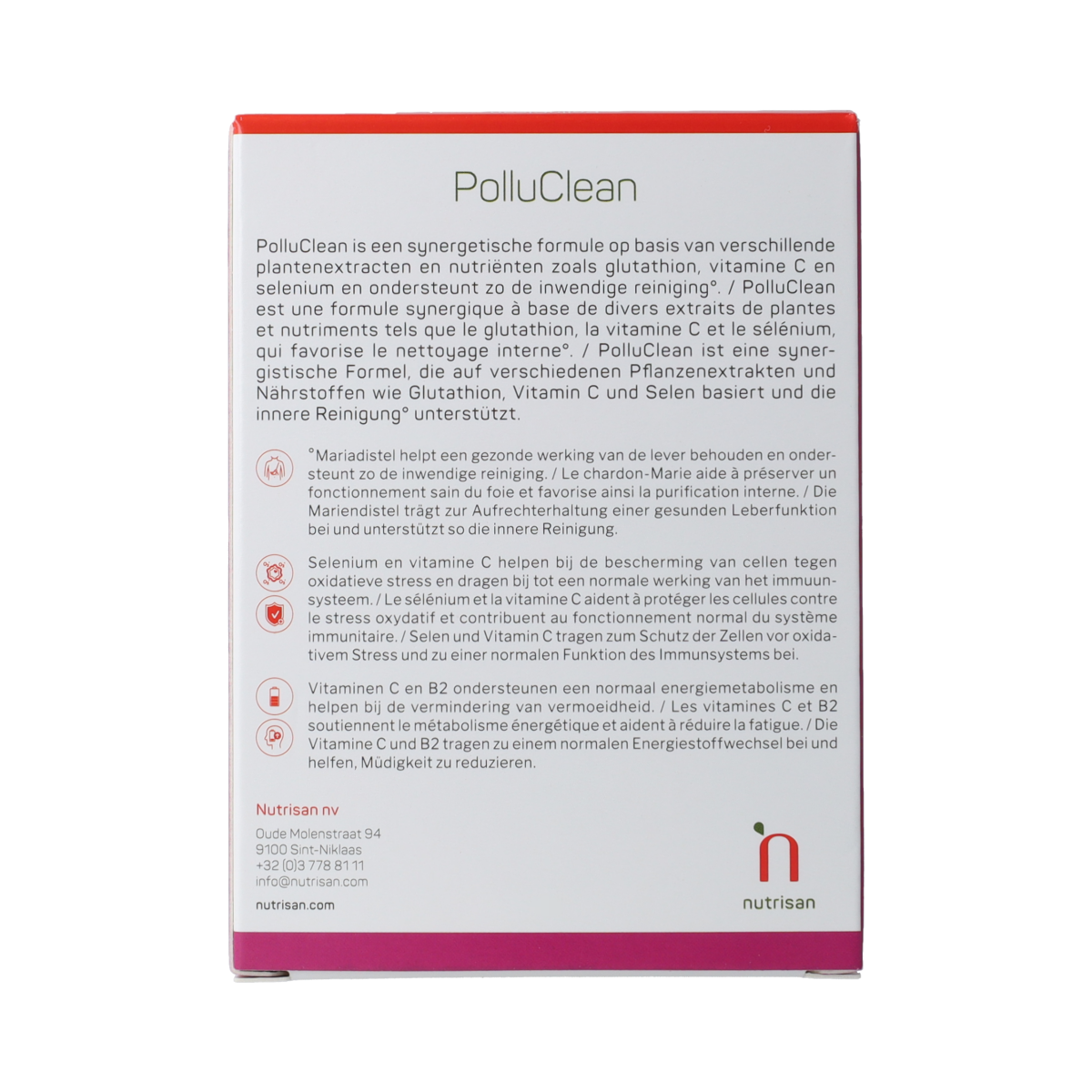 Nutrisan PolluClean herbal supplement capsules, 120 count, in a white bottle with label showing product details and branding.