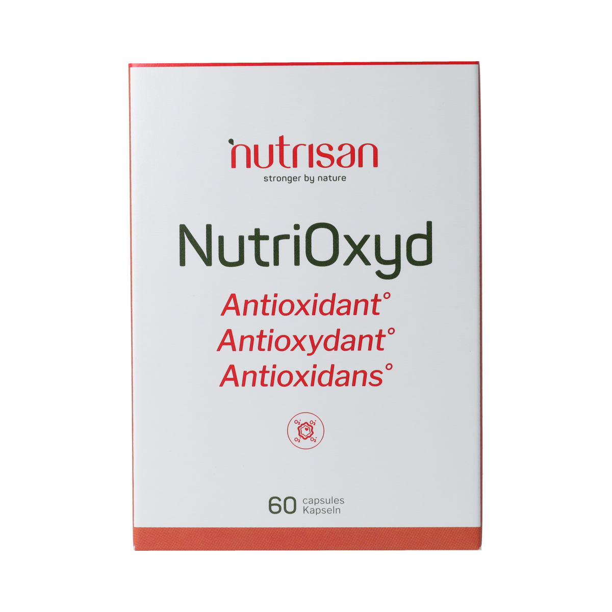 Bottle of Nutrisan NutriOxyd capsules, dietary supplement with 60 capsules for health support, natural herbal ingredients.