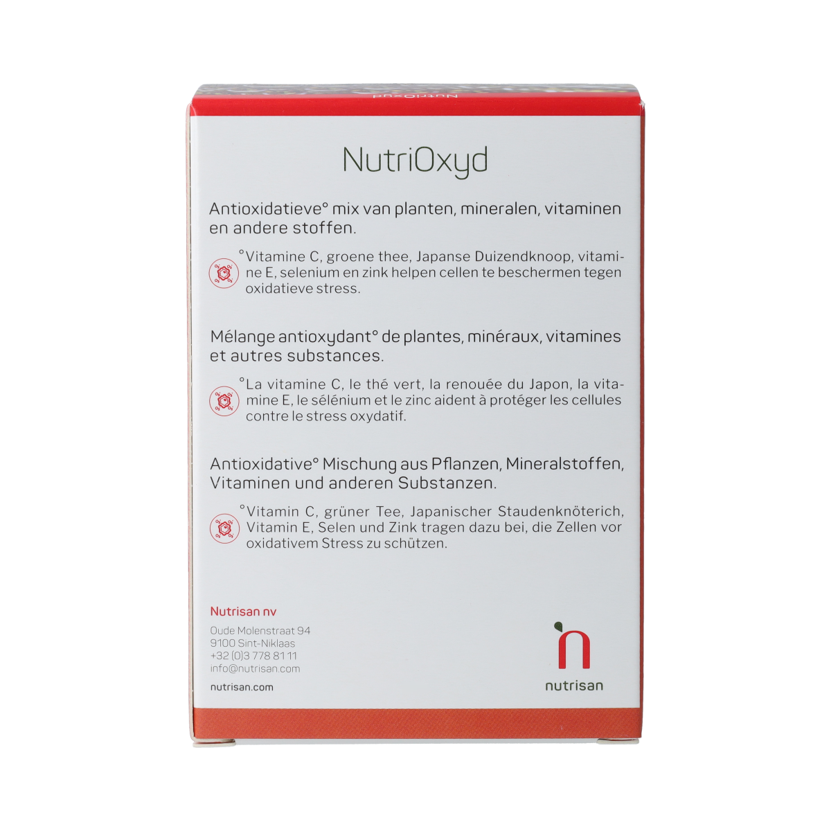 Nutrisan NutriOxyd dietary supplement capsules in a white bottle with a blue label, designed for health support.