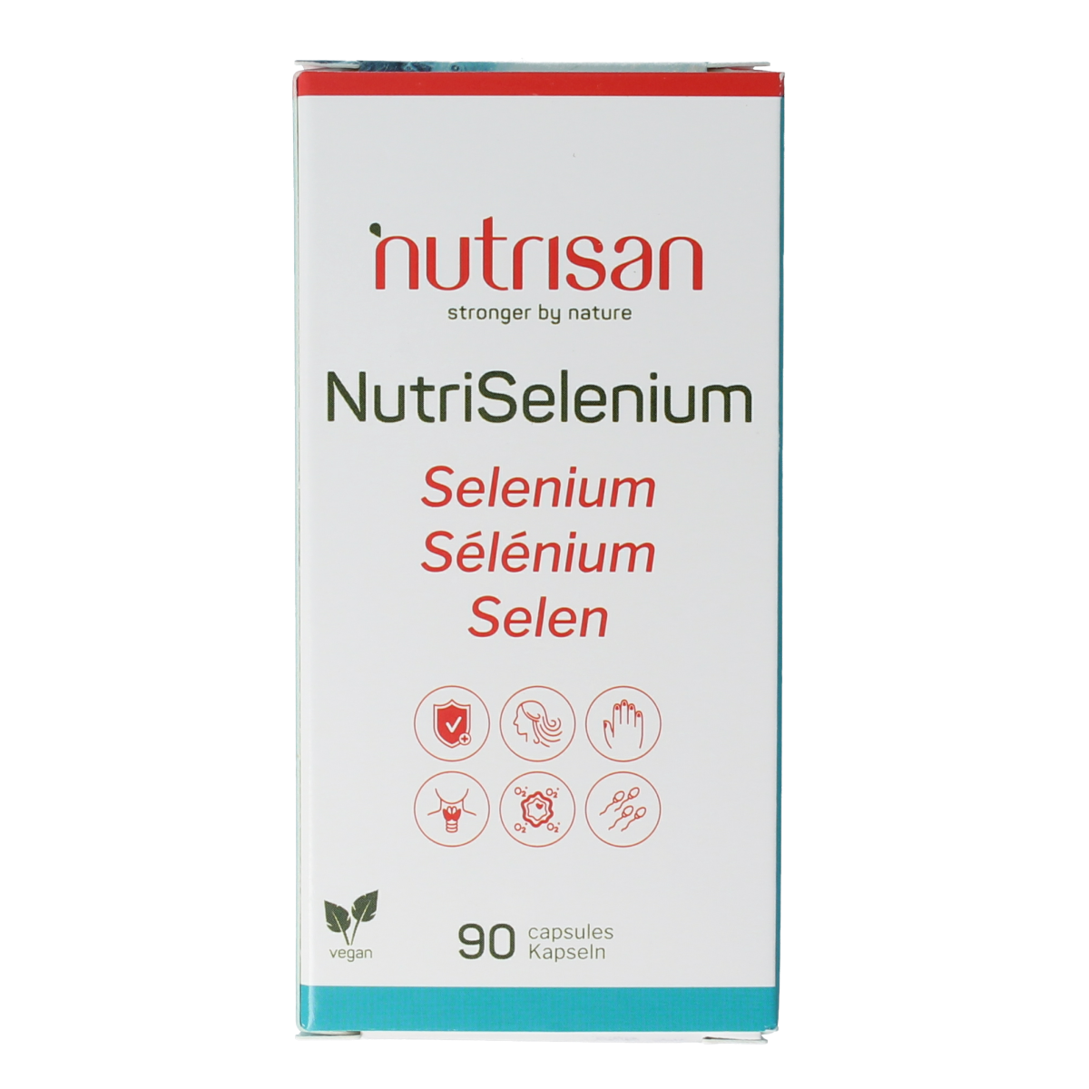 Nutrisan Nutriselenium vegetarian capsules, mineral supplement in black bottle, showing label and capsules inside.