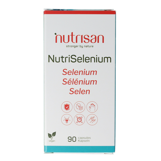 Nutrisan Nutriselenium vegetarian capsules, mineral supplement in black bottle, showing label and capsules inside.
