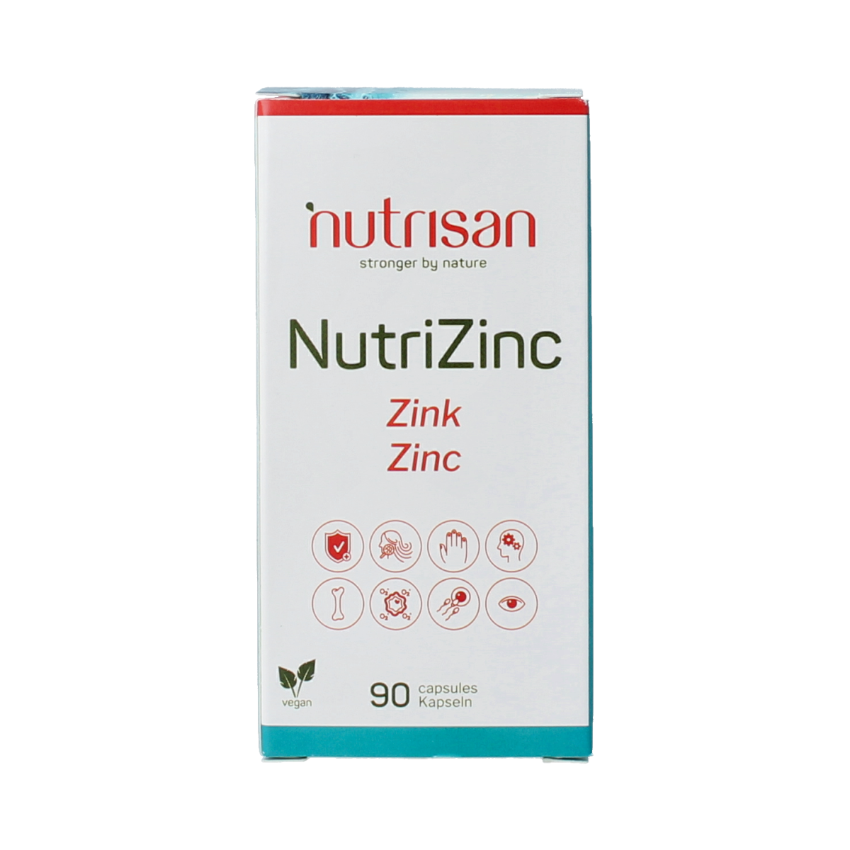 Nutrisan Nutrizinc capsules dietary supplement in a white bottle with a label, designed for nutritional support.