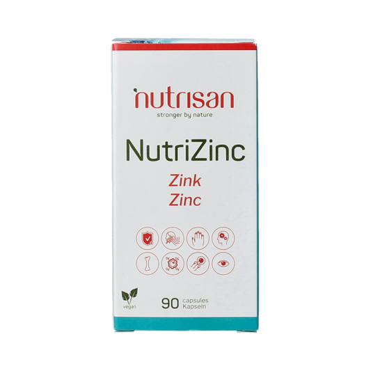 Nutrisan Nutrizinc capsules dietary supplement in a white bottle with a label, designed for nutritional support.