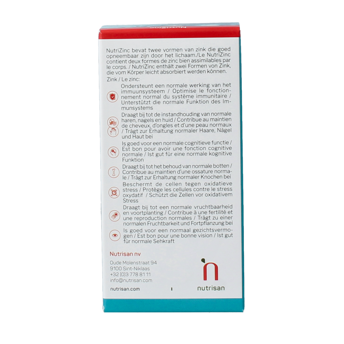 Nutrisan Nutrizinc capsules, zinc supplement in a white bottle with a blue label, designed for nutritional support.