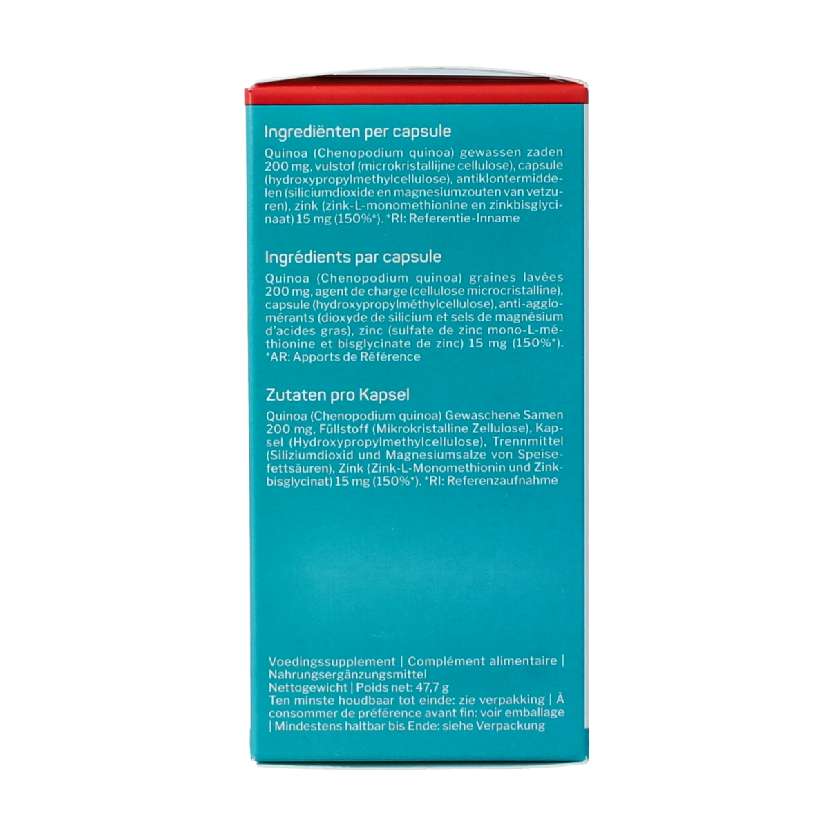Bottle of Nutrisan Nutrizinc capsules, dietary supplement with zinc and nutrients, shown in a clear container with capsule capsules.