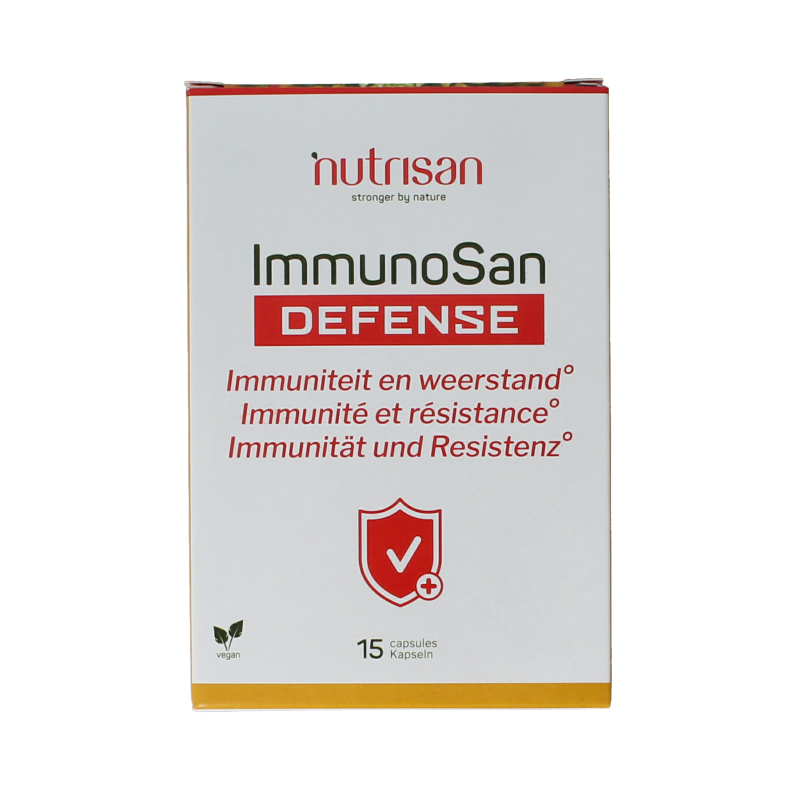 Nutrisan Immunosan Defense vegetarian capsules, herbal supplement for immune support, in a clear bottle with capsules inside.