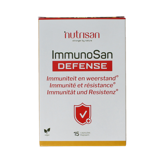 Nutrisan Immunosan Defense vegetarian capsules, herbal supplement for immune support, in a clear bottle with capsules inside.