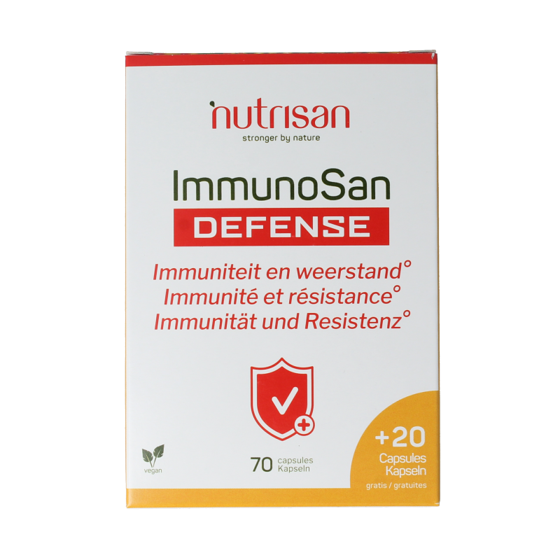 Nutrisan Immunosan Defense vegetarian herbal capsules in a bottle, dietary supplement for immune support.