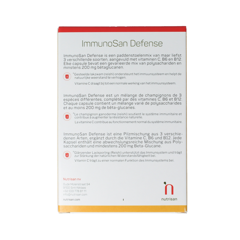 Nutrisan Immunosan Defense herbal capsules in a bottle, vegetarian supplement for immune support, shown on a white background.