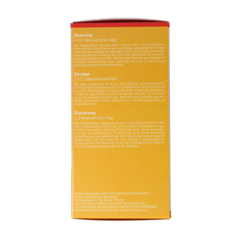 Nutrisan Immunosan Defense vegetarian capsules featuring herbal ingredients in a clear bottle, designed to support immune health.