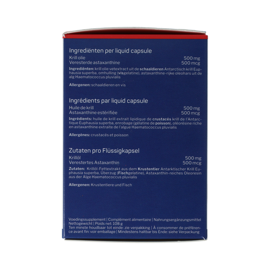 Nutrisan Krill Oil Licaps supplement with omega fatty acids, displayed in clear capsules on a white background.