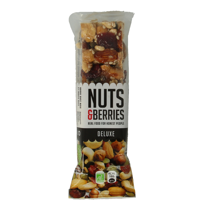 Nuts & Berries deluxe bio snack bar with nuts and berries, 40 grams, displayed on a white background.
