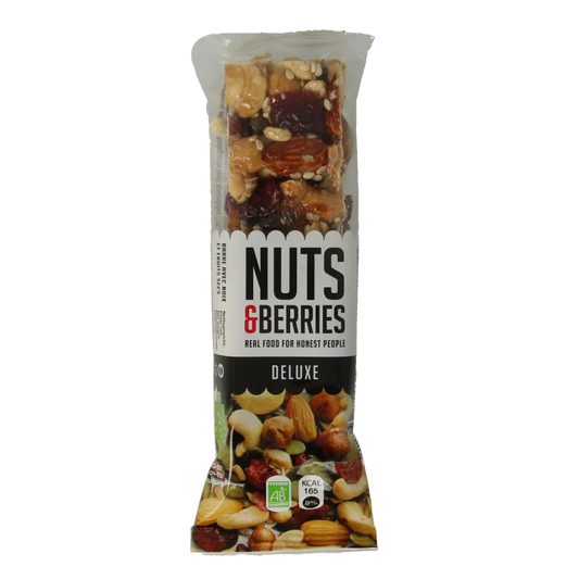 Nuts & Berries deluxe bio snack bar with nuts and berries, 40 grams, displayed on a white background.