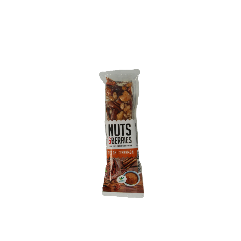 Nuts & Berries organic pecan and cinnamon snack in a 30g package, featuring mixed nuts and berries with cinnamon flavor.