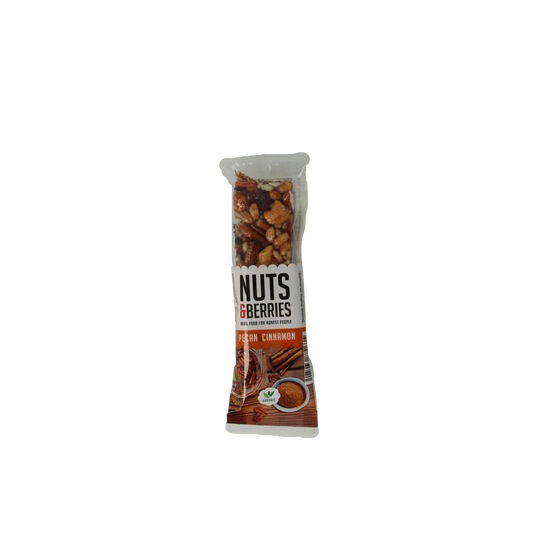 Nuts & Berries organic pecan and cinnamon snack in a 30g package, showcasing mixed nuts and berries with cinnamon seasoning.