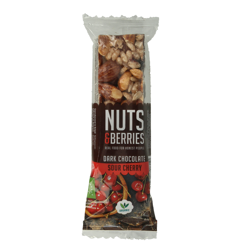 Raw Nuts & Berries Choco Sour Cherry bio superfood mix in a 30g package, featuring mixed nuts, berries, and chocolate.