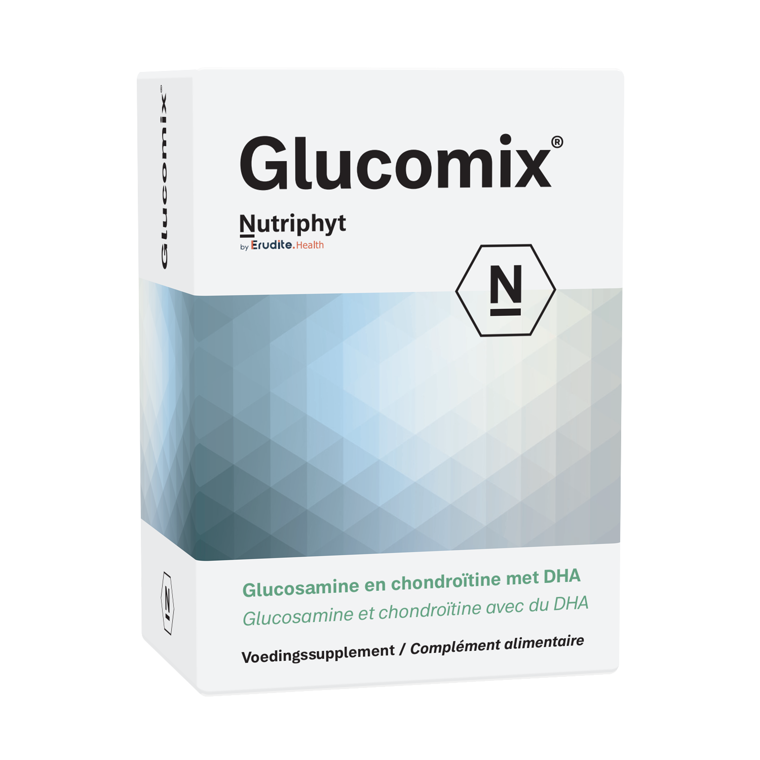 Nutriphyt Glucomix mineral multivitamin tablets, 60 count, shown in blister pack with white tablets and colorful packaging