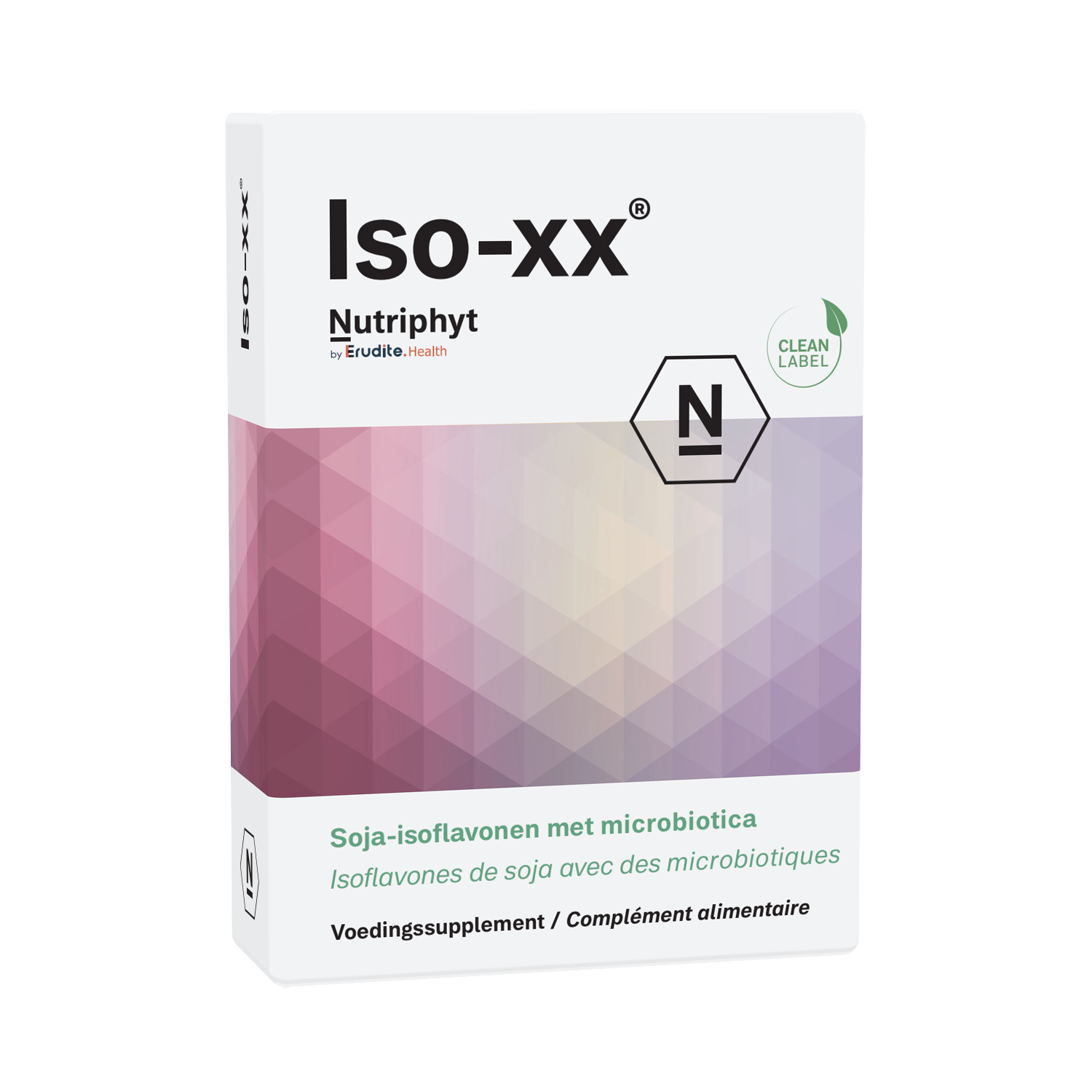 Nutriphyt Iso-xx herbal supplement tablets in a bottle, part of the Kruidenpreparaten product line, with 30 tablets visible.