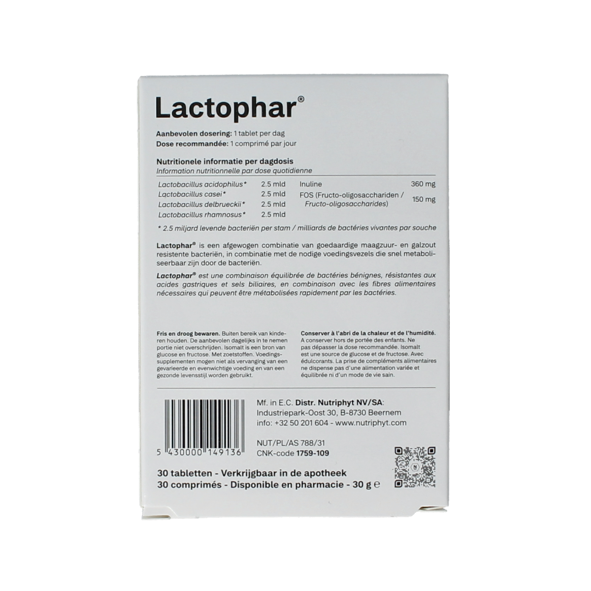 Nutriphyt Lactophar probiotic tablets with micro-organisms, 30 count, for digestive health, shown in blister pack.