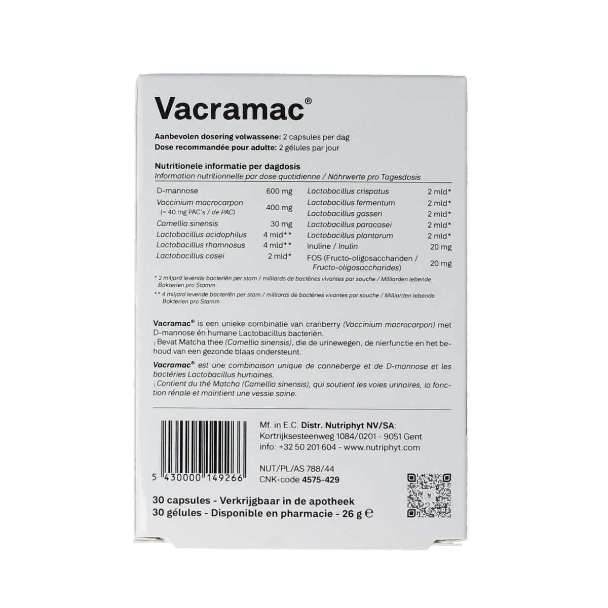 Nutriphyt Vacramac 30 capsules containing micro-organismen dietary supplement, shown in a blister pack.