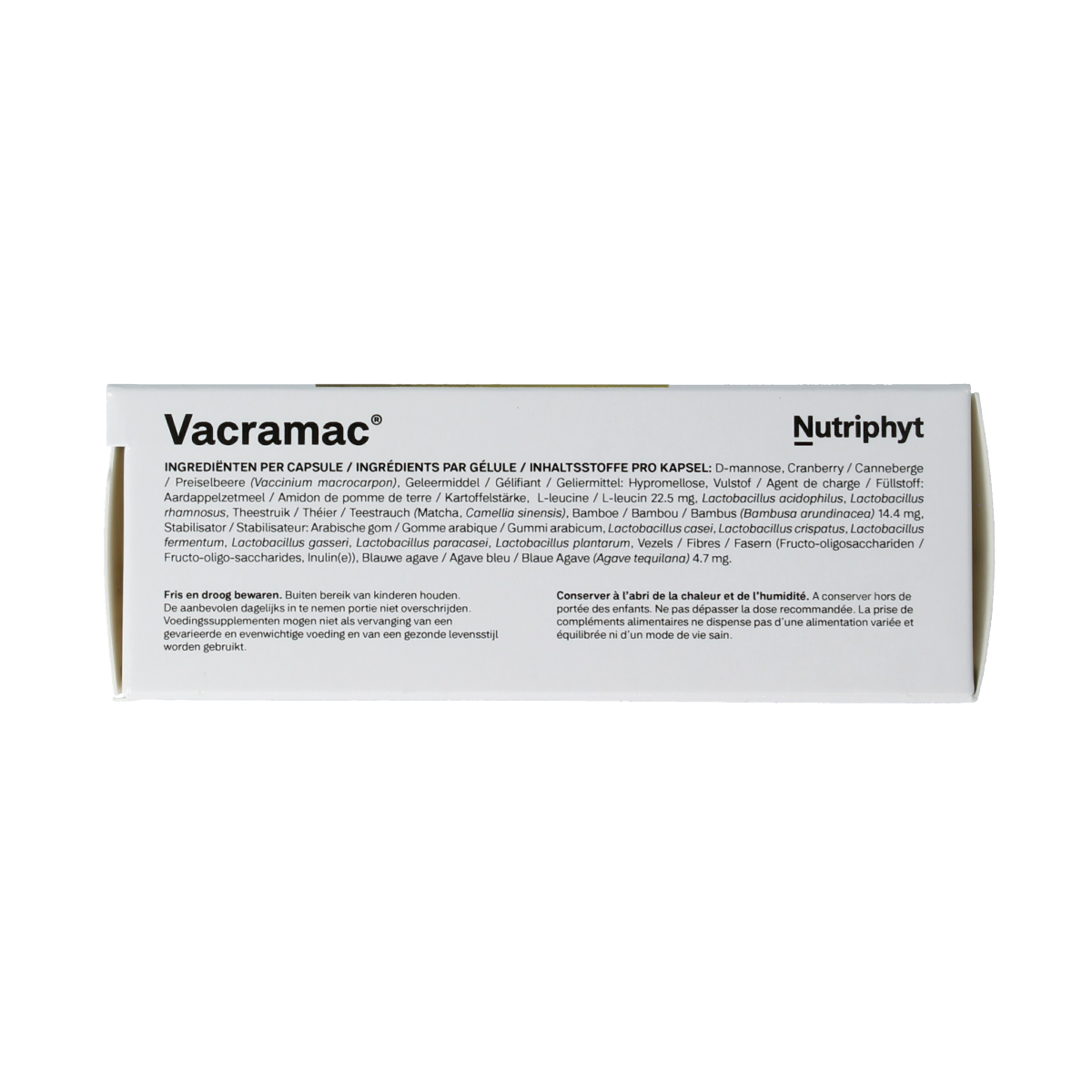 Nutriphyt Vacramac 30 capsules of micro-organisms supplement in a clear bottle with label showing capsules inside