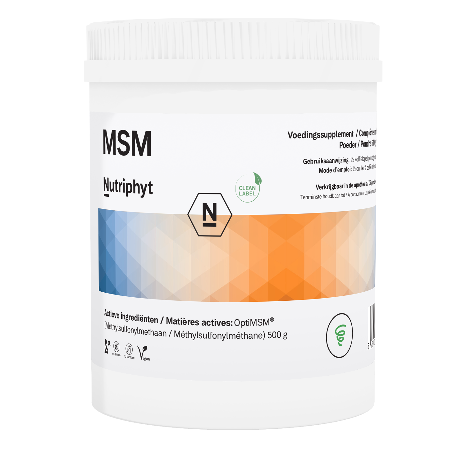 Nutriphyt MSM mineral supplement in a 500g container showing the product label and packaging.