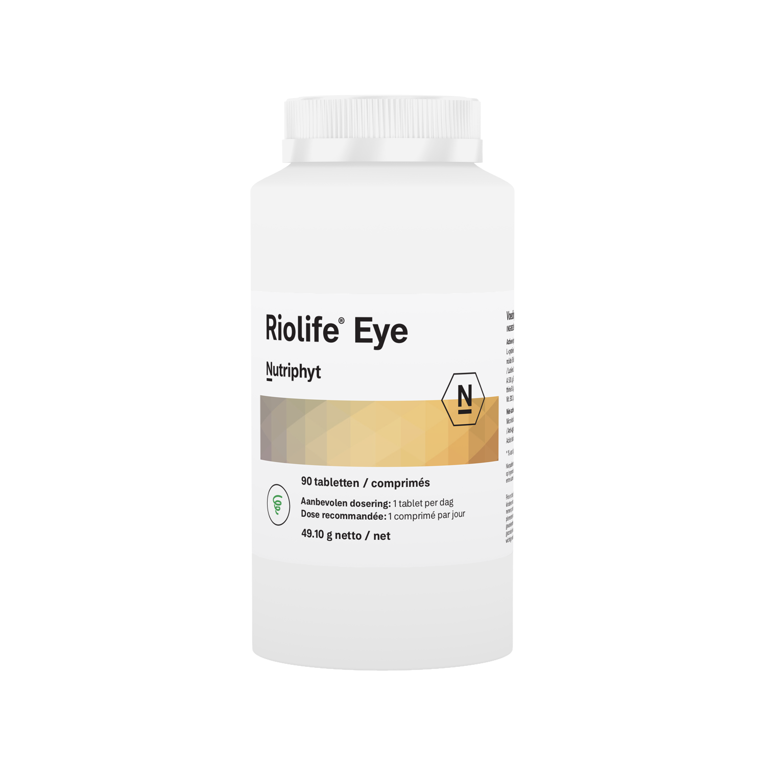 Nutriphyt Riolife Eye multivitamin tablets, 90-count, dietary supplement for eye health, in a white bottle with label.