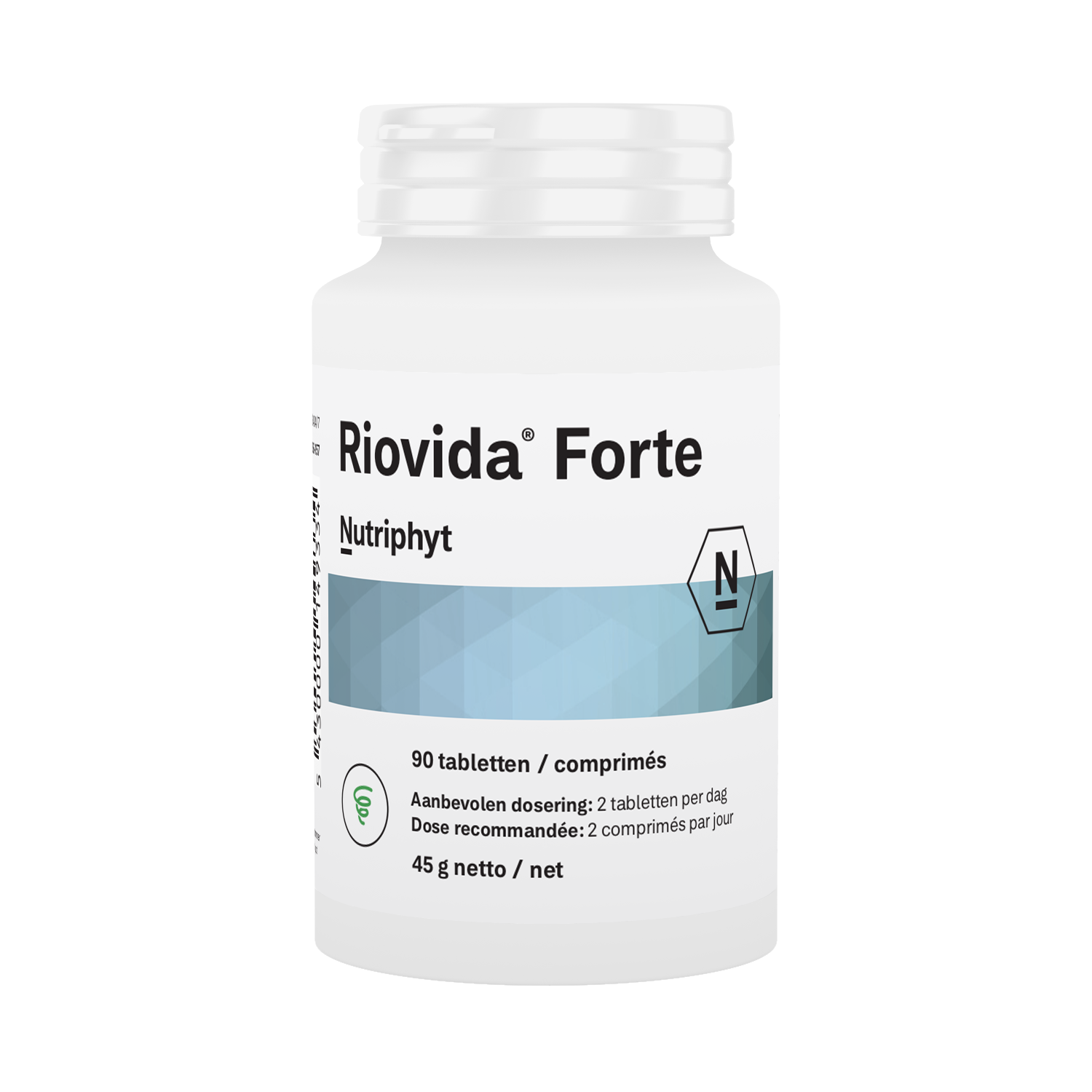 Nutriphyt Riovida Forte amino acid tablets, 90 count, showing the supplement packaging with tablets inside.