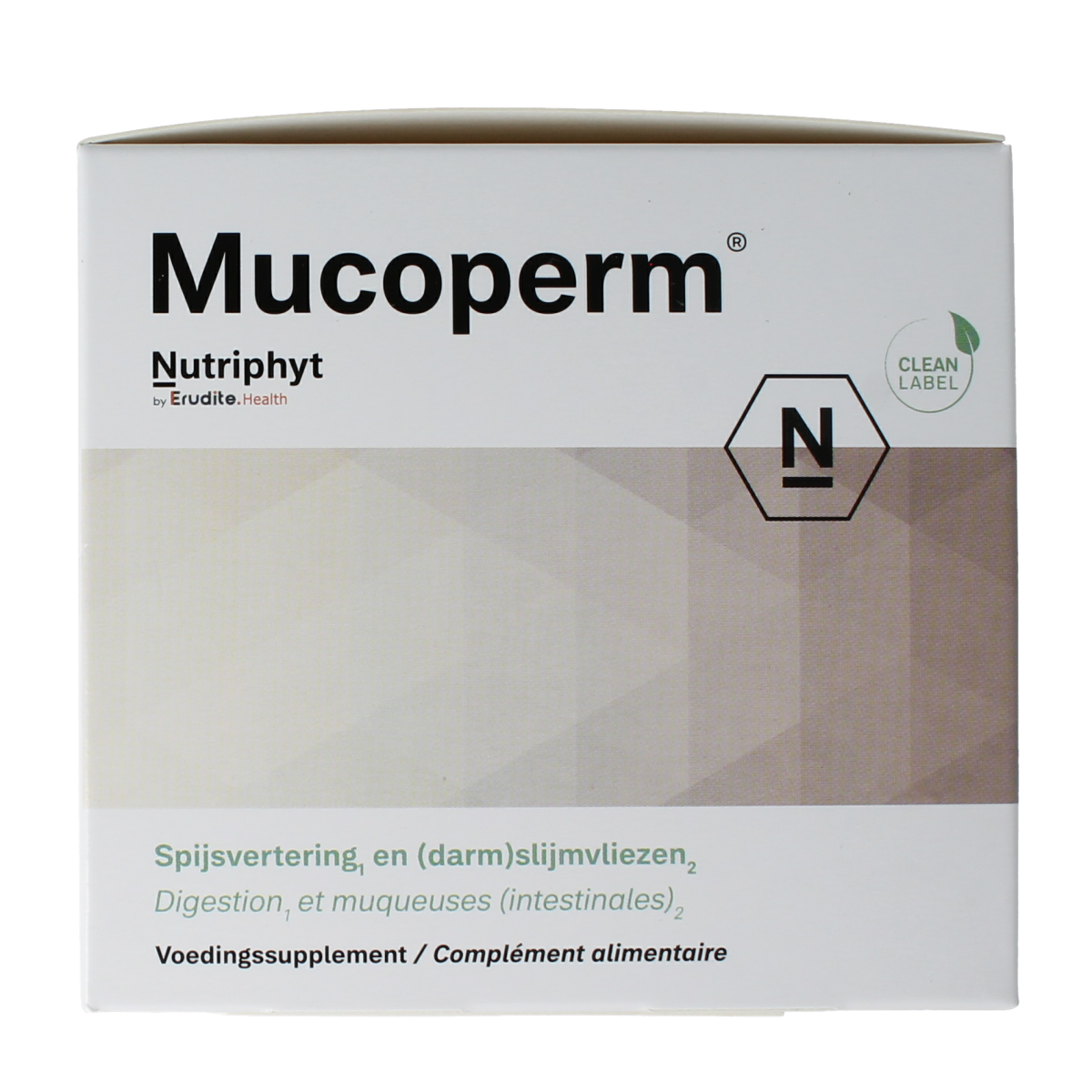 Nutriphyt Mucoperm herbal supplement packets, natural herbal preparations for respiratory support, shown in a clear image.