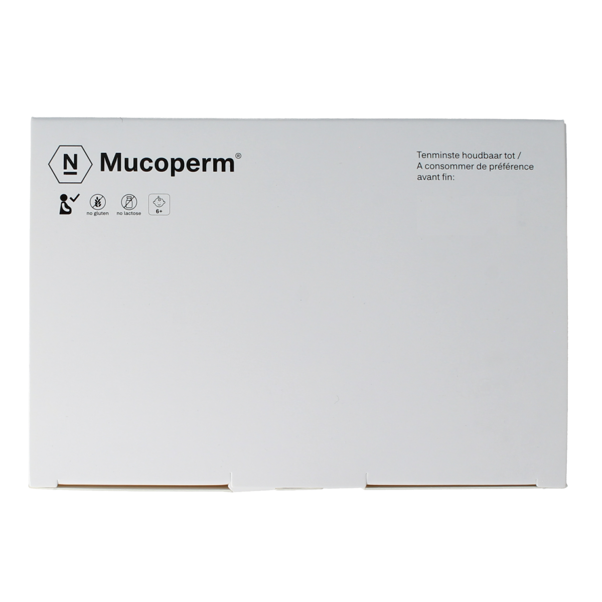 Nutriphyt Mucoperm herbal supplement sachets, natural herbal preparation for respiratory health, in a pack of 60 sachets.