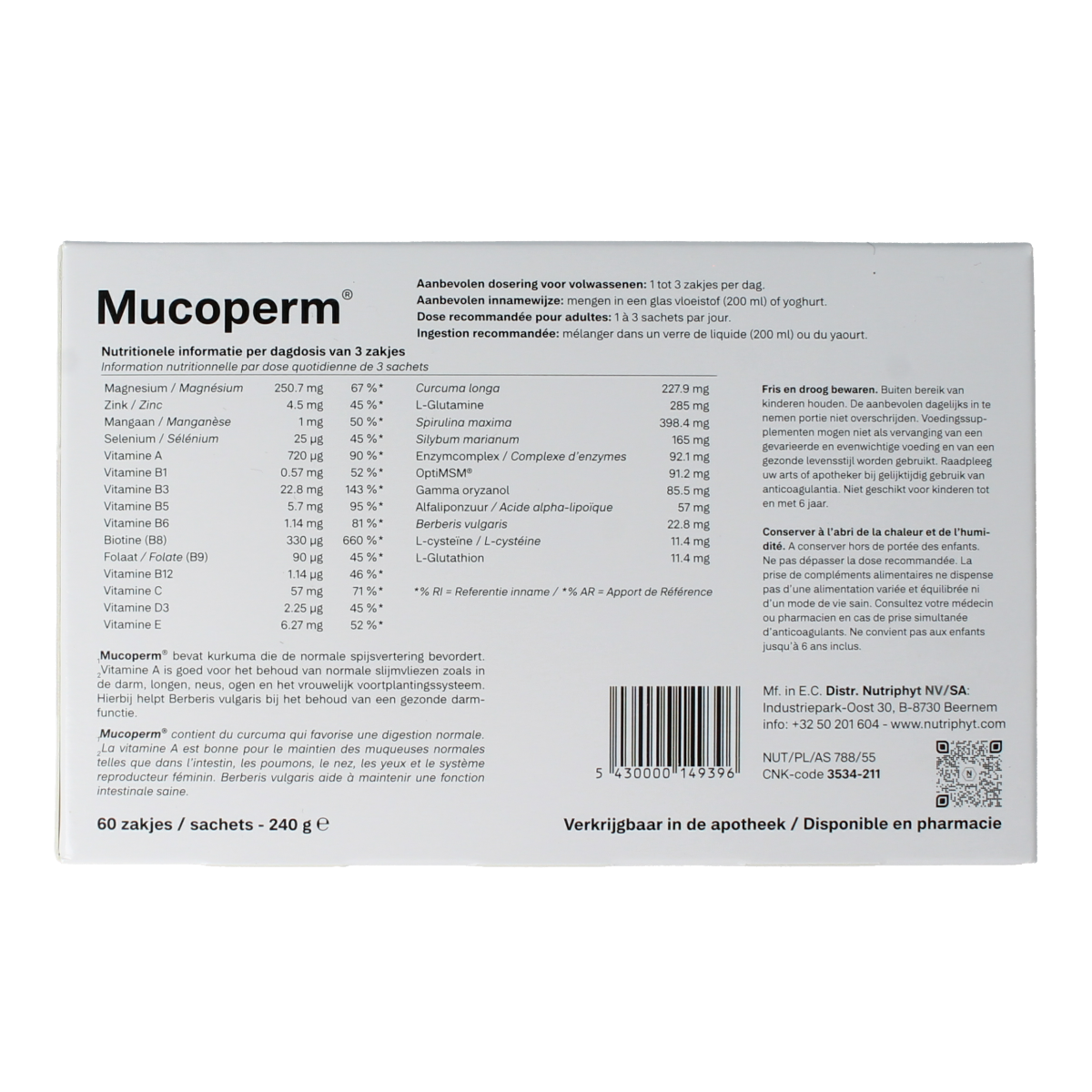 Nutriphyt Mucoperm herbal supplement in 60 sachets, natural kruidenpreparaat for respiratory support, with herbal ingredients in sachet packaging.