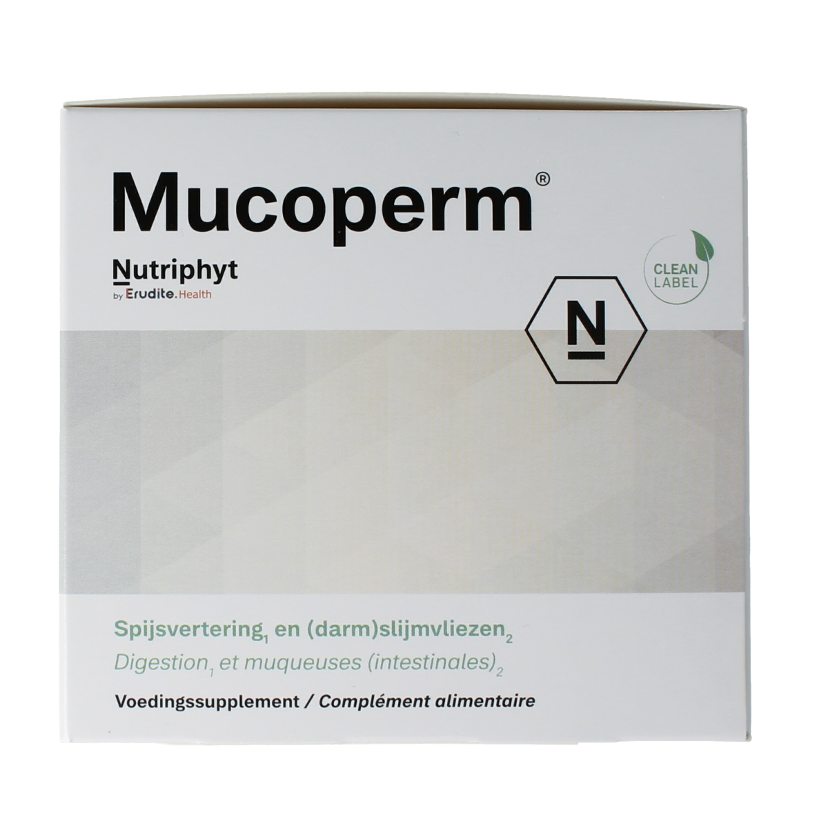 Nutriphyt Mucoperm herbal supplement packets, natural herbal preparation for respiratory support, in individual sachets.