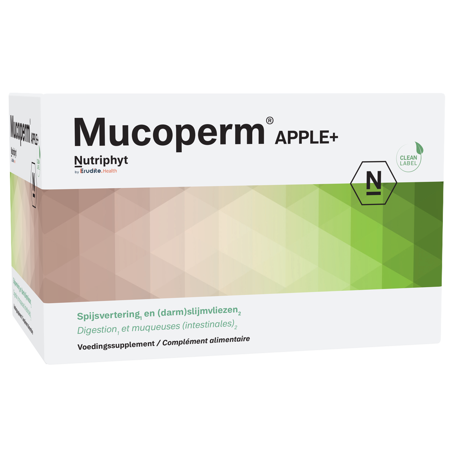 Nutriphyt Mucoperm apple+ herbal supplement in 60 sachets, featuring apple flavor and natural ingredients for respiratory support.