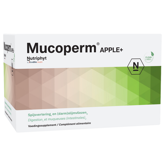 Nutriphyt Mucoperm apple+ herbal supplement in 60 sachets, featuring apple flavor and natural ingredients for respiratory support.