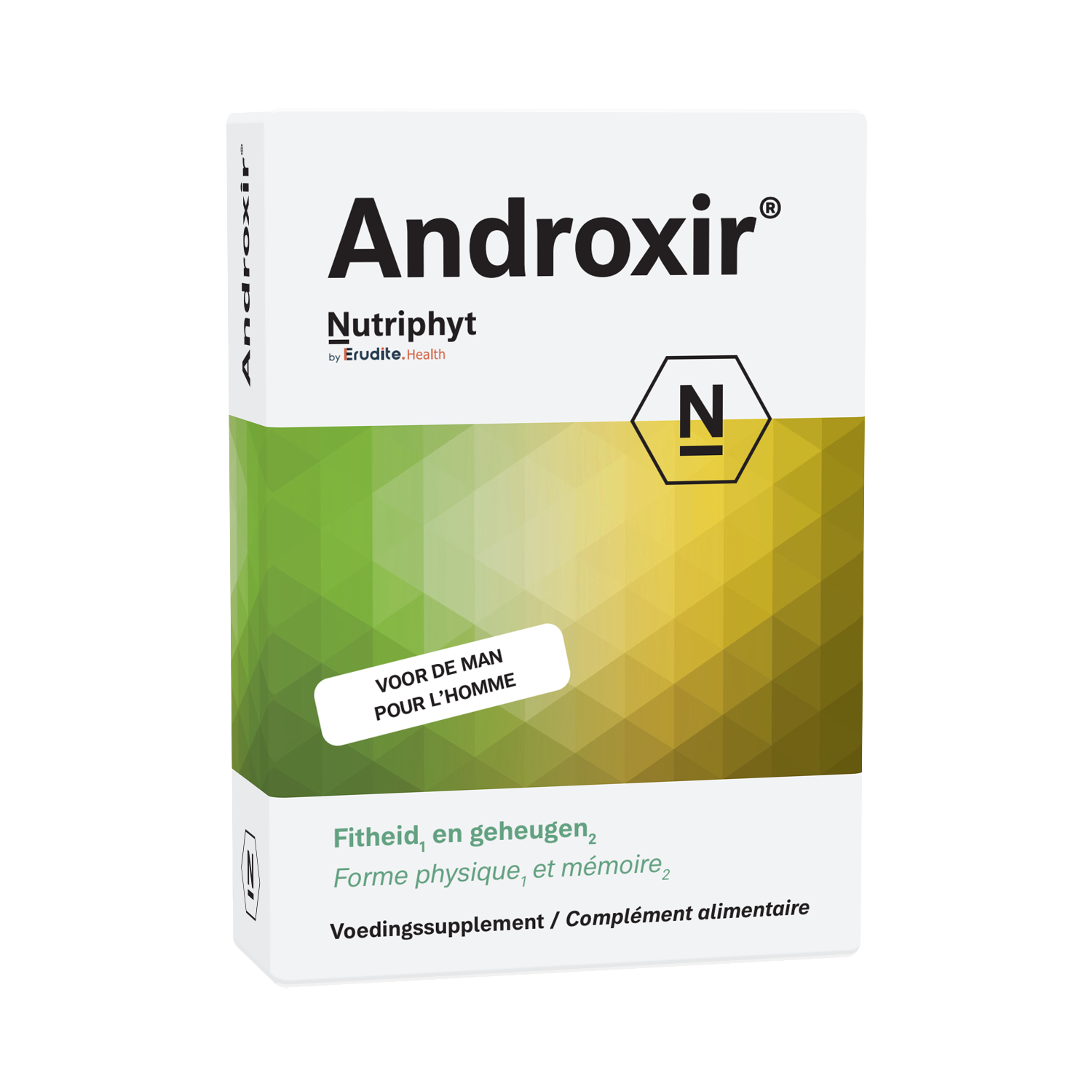 Nutriphyt Androxir herbal supplement tablets in a bottle, natural kruidenpreparaten for health and wellness.