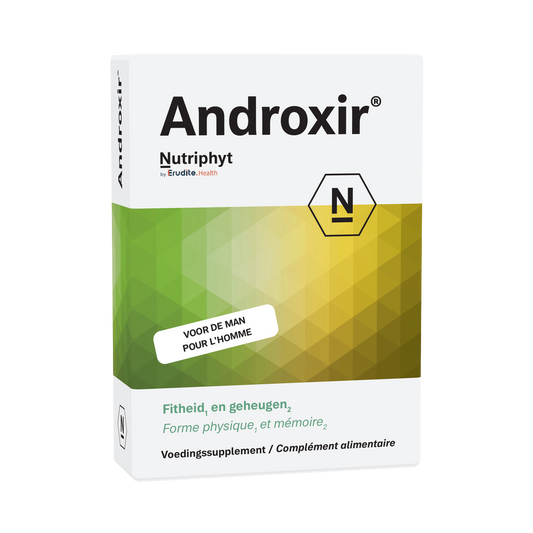 Nutriphyt Androxir herbal supplement tablets in a bottle, natural kruidenpreparaten for health and wellness.