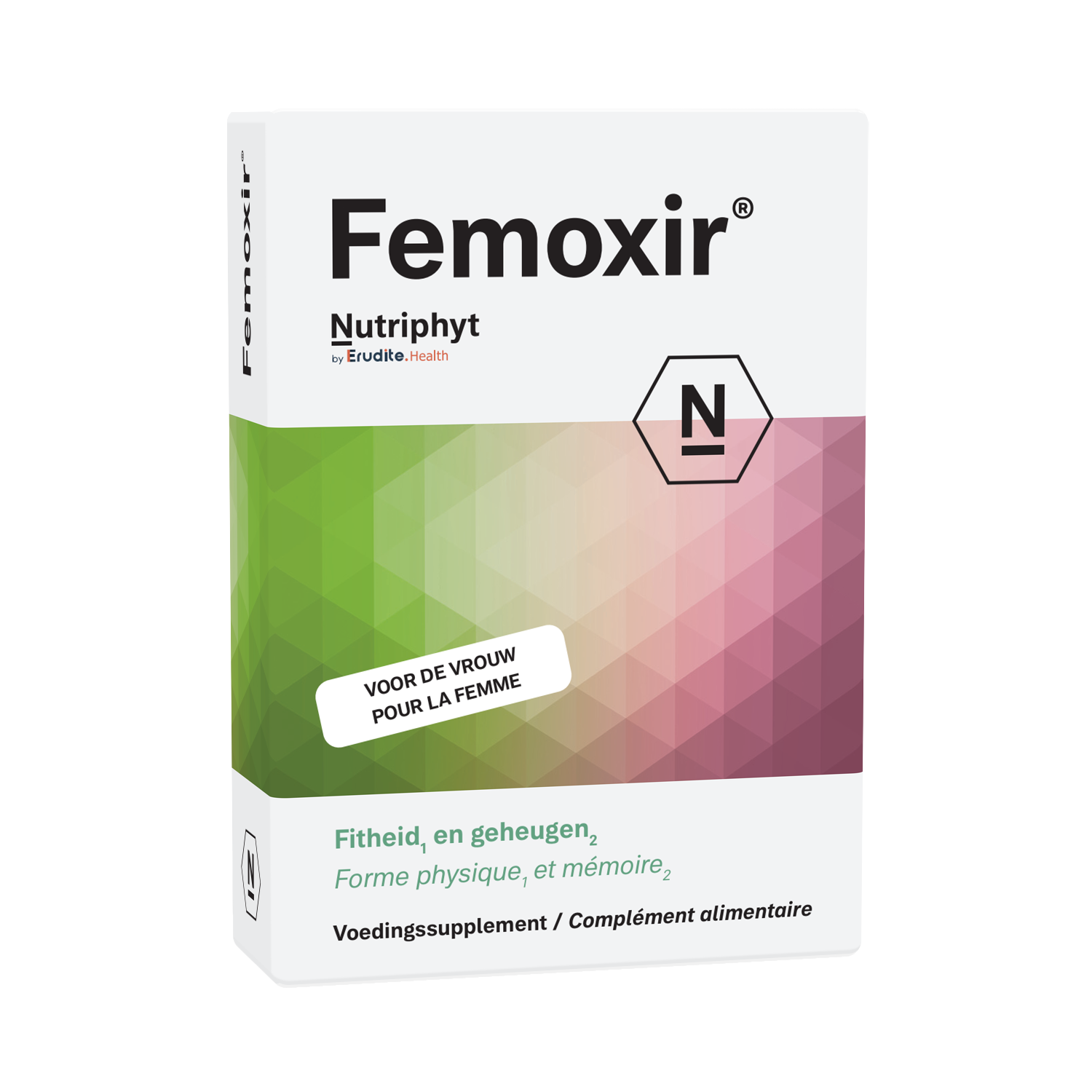 Nutriphyt Femoxir herbal supplement in a box with 30 tablets, natural herbal ingredients for women's health.