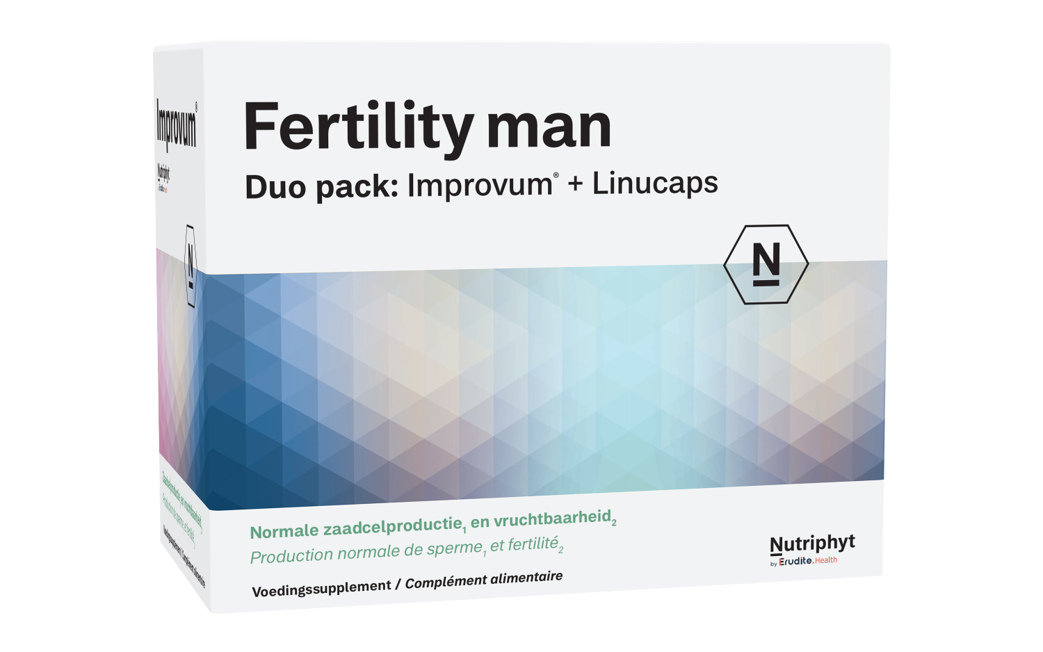 Nutriphyt Fertility Man Duo with 2 x 60 herbal supplement capsules for male fertility support, shown in bottle images.