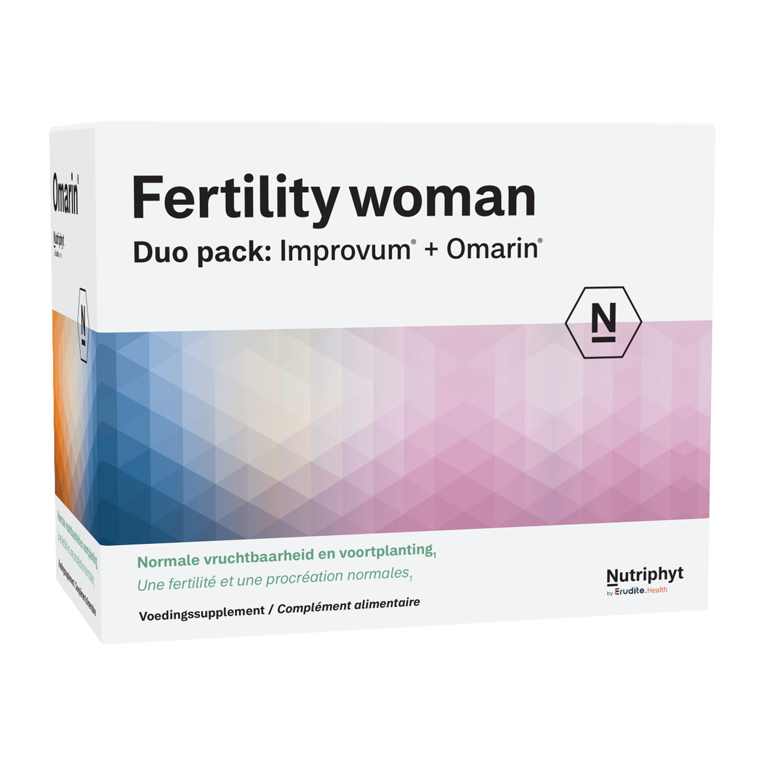 Nutriphyt Fertility Woman Duo herbal supplement capsules, 2 x 60 capsules, for supporting women's reproductive health.
