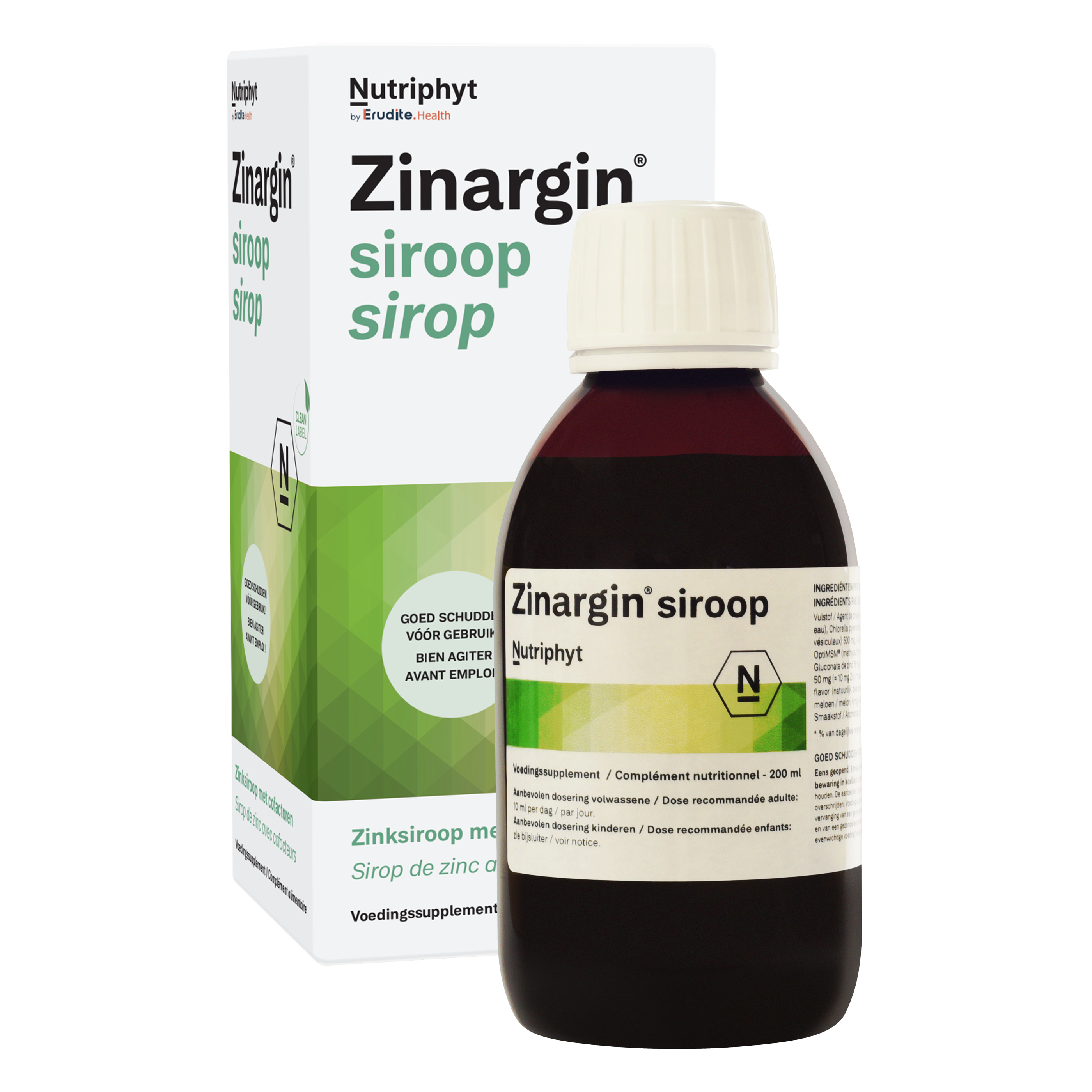 Nutriphyt Zinargin siroop 200ml herbal supplement bottle, showing the product label and packaging details.