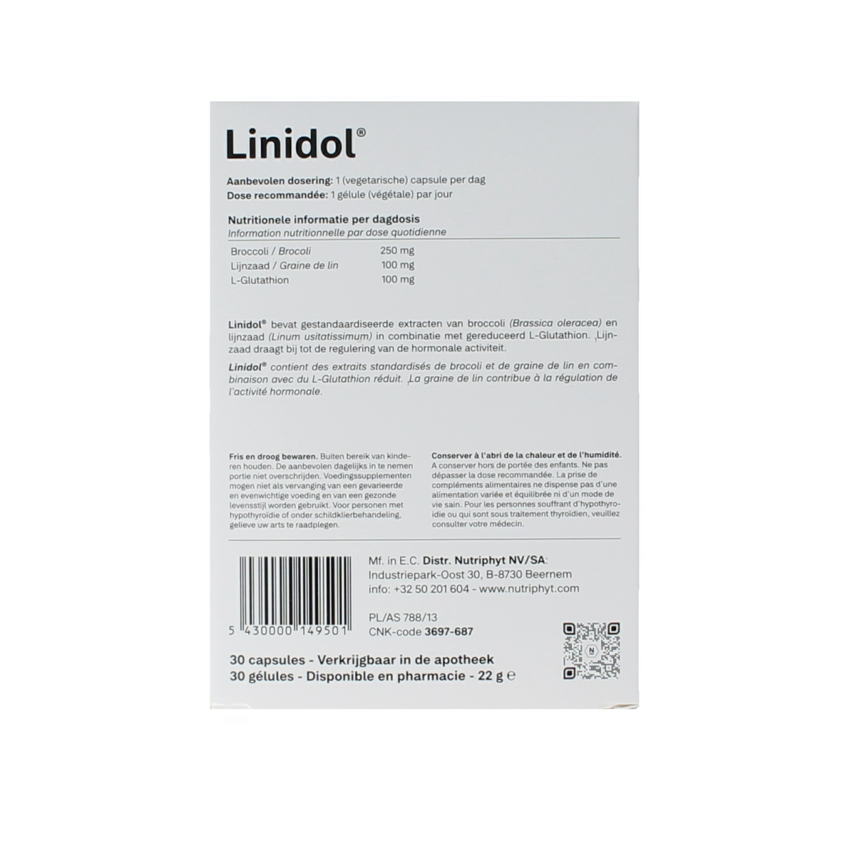 Nutriphyt Linidol capsules in a bottle, herbal supplement from Nutriphyt, for dietary support, with label details visible.